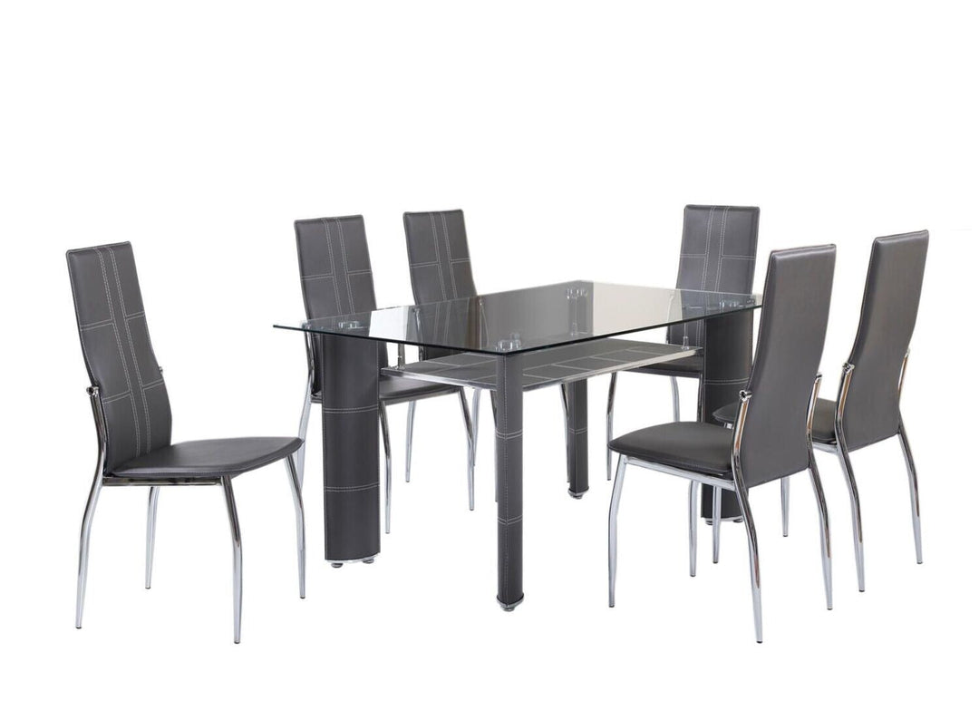 Mesa de Cristal Templado + 6 Sillas en Polipiel/Metal DT-17