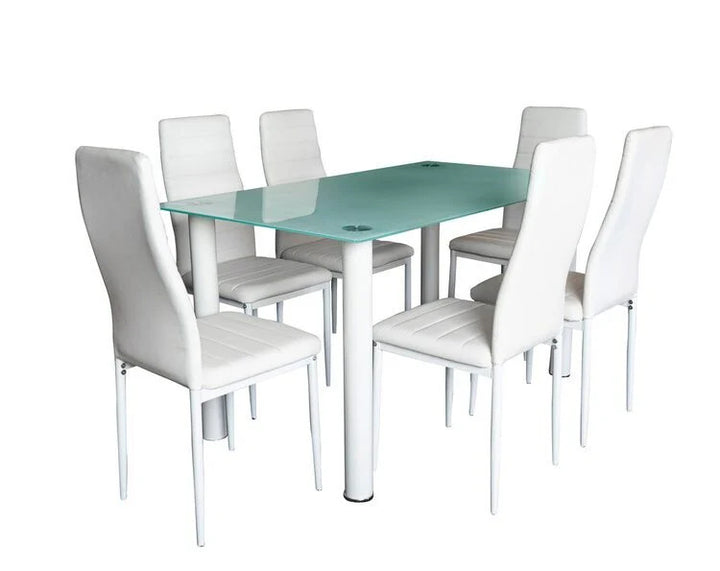 Mesa de Cristal Templado 140x80cm + 6 Sillas Polipiel DT34.