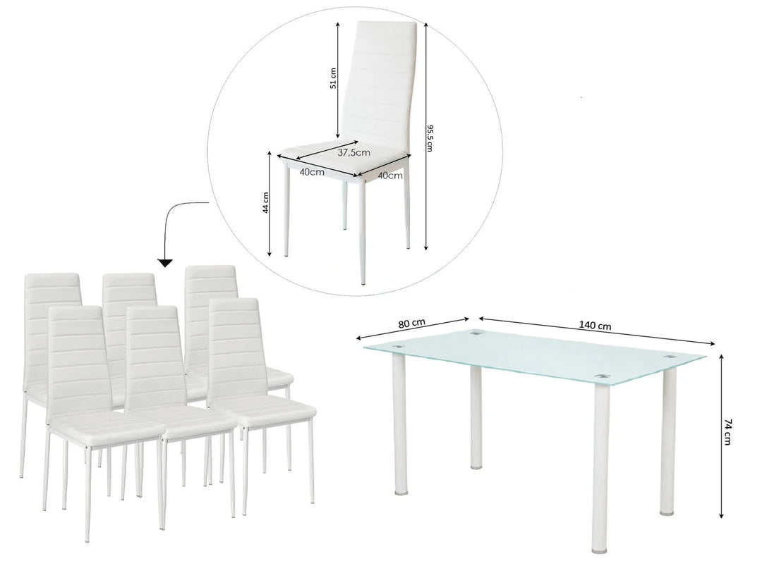 Mesa de Cristal Templado 140x80cm + 6 Sillas Polipiel DT34.