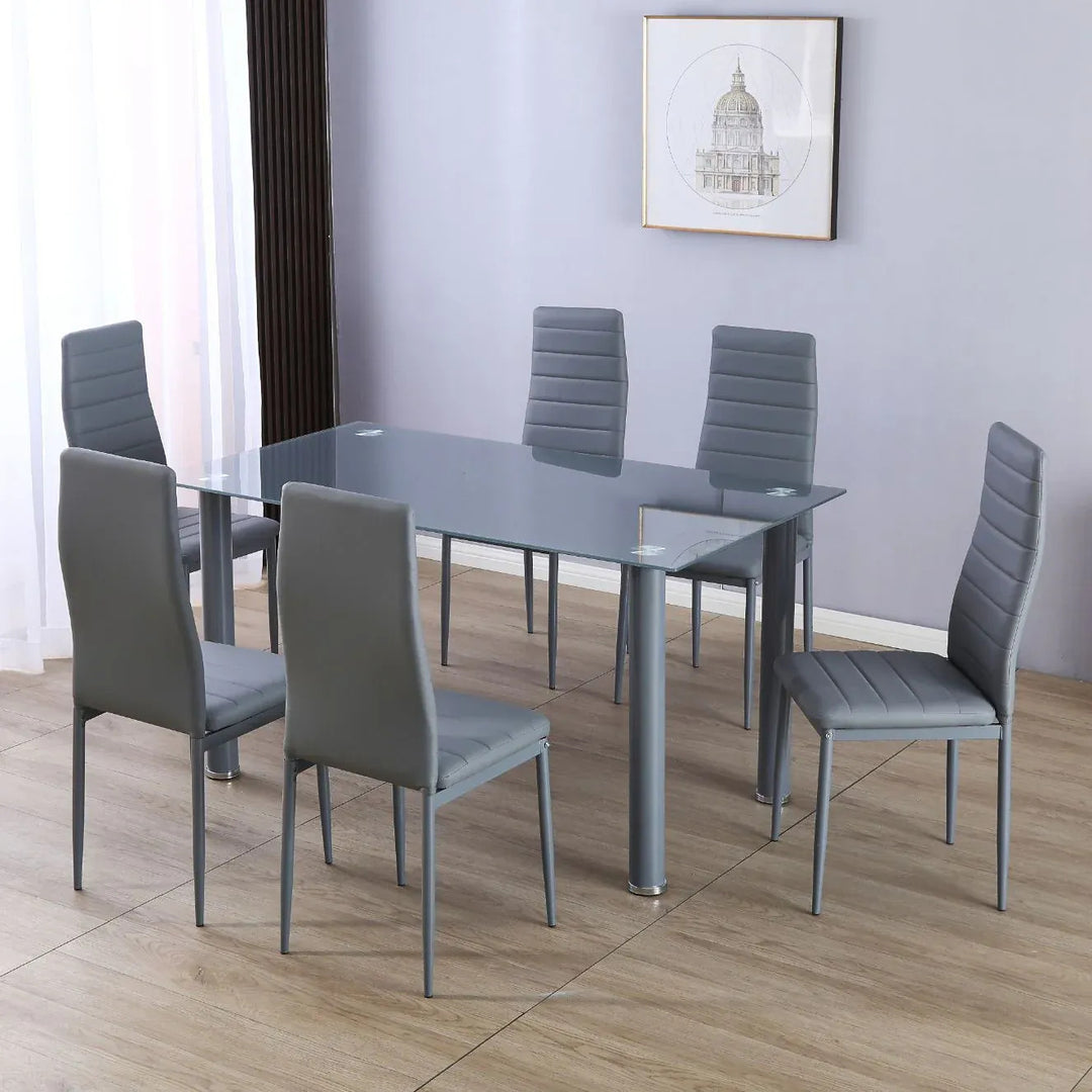 Mesa de Cristal Templado 140x80cm + 6 Sillas Polipiel DT34.
