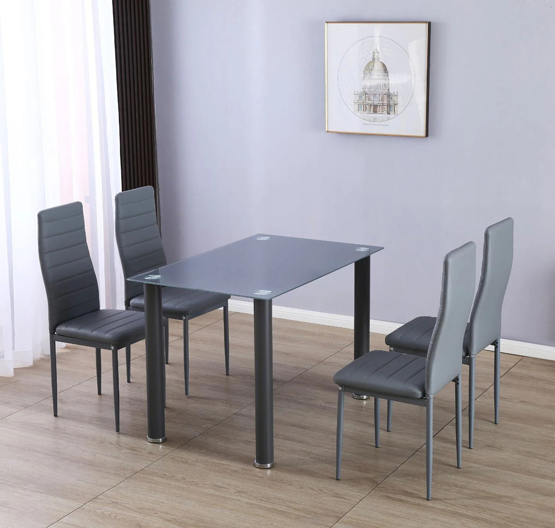 Mesa de Cristal Templado 110x70cm + 4 Sillas Polipiel DT18.