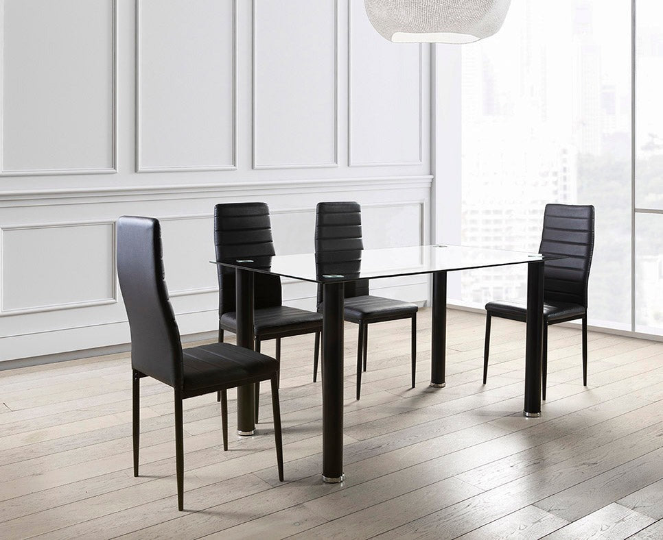 Mesa de Cristal Templado 110x70cm + 4 Sillas Polipiel DT18.