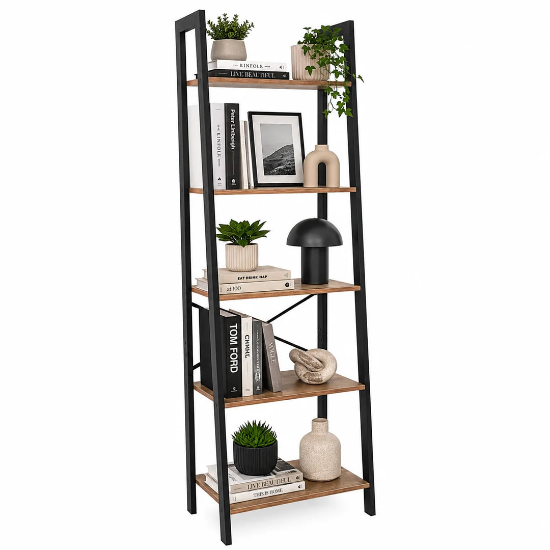 Estantería Escalera Industrial de 5 Niveles con Estructura Metálica y Repisas de Madera ZWJ5637172LGS