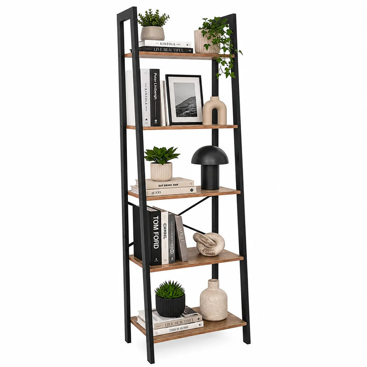 Estantería Escalera Industrial de 5 Niveles con Estructura Metálica y Repisas de Madera ZWJ5637172LGS