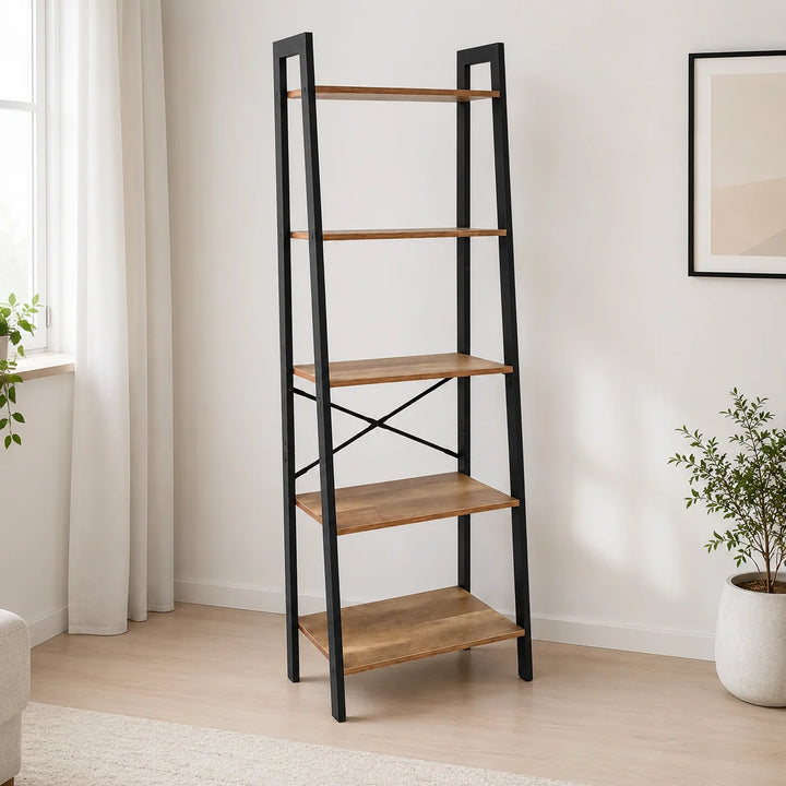 Estantería Escalera Industrial de 5 Niveles con Estructura Metálica y Repisas de Madera ZWJ5637172LGS