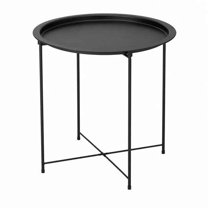 Mesa Auxiliar Redonda Negra de Metal con Bandeja – Estilo Minimalista