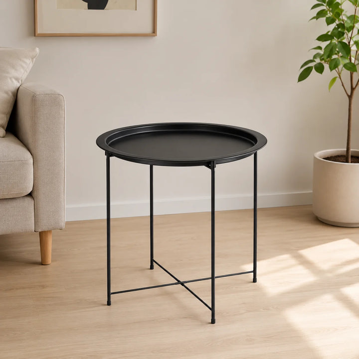 Mesa Auxiliar Redonda Negra de Metal con Bandeja – Estilo Minimalista