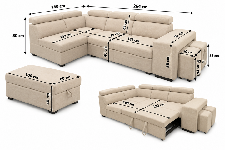 Sofa Cama Rinconera Teen + Puf con Arcon 264cm