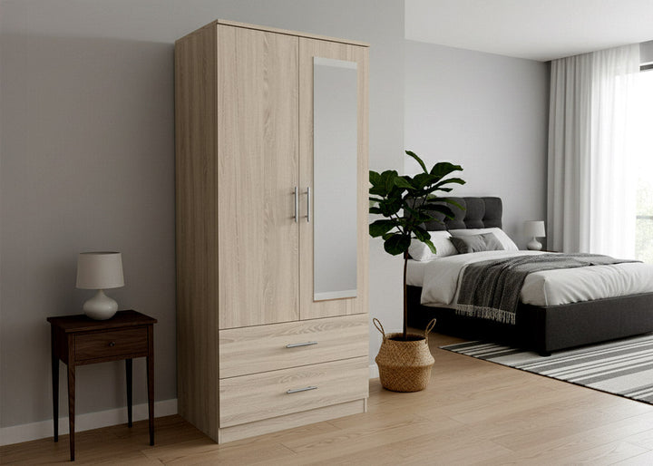 Armario de Dormitorio 2 Puertas 2 Cajones W, con Espejo