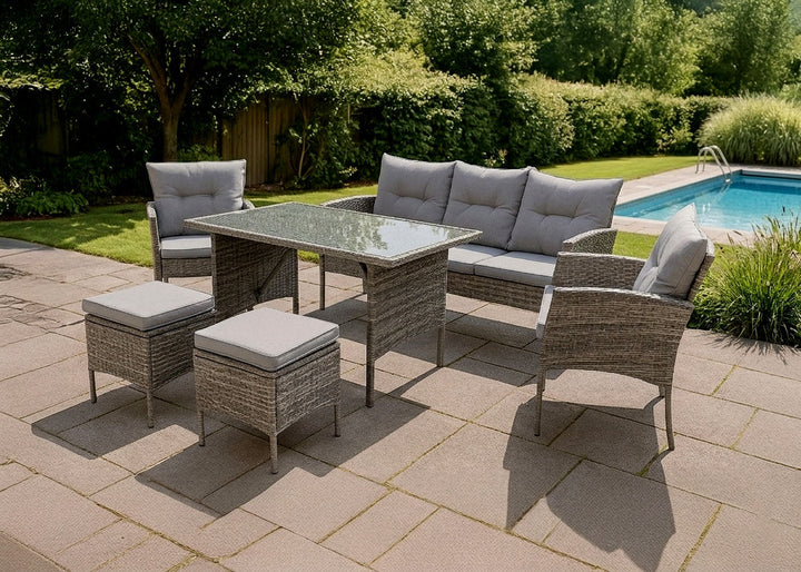 Sofá + Mesa + 2 Sillones + 2 pufs Ratán PE. Muebles de Jardín y Terraza Sebas.