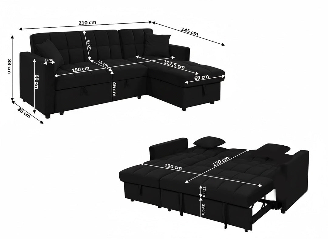 Sofá Cama Chaise Longue Kris 210cm Negro