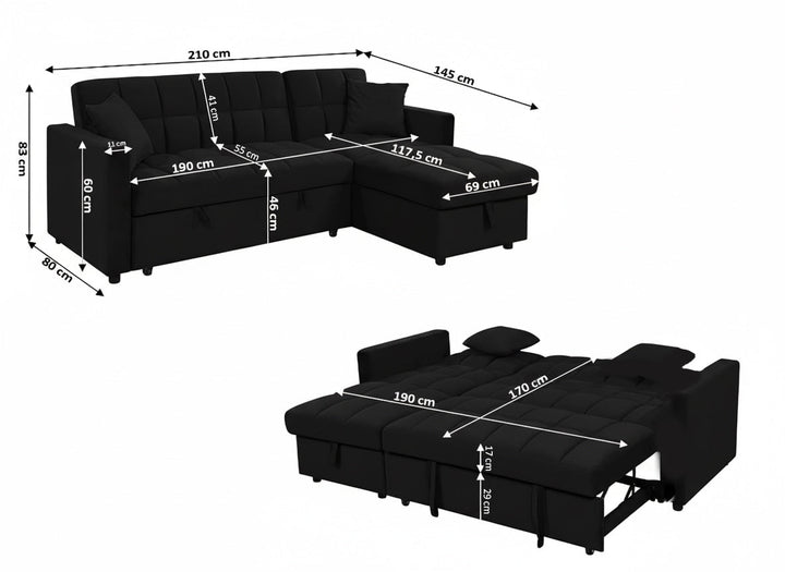 Sofá Cama Chaise Longue Kris 210cm Negro
