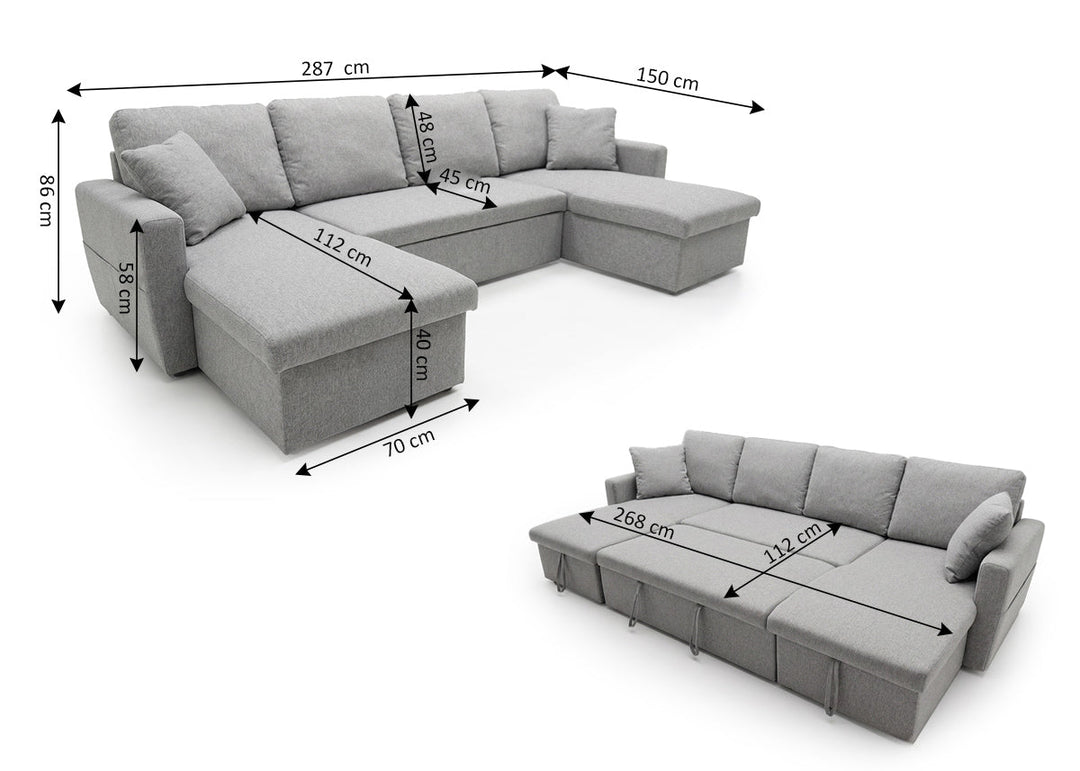 Sofá Doble Chaise Longue Nora, con Arcón 287cm