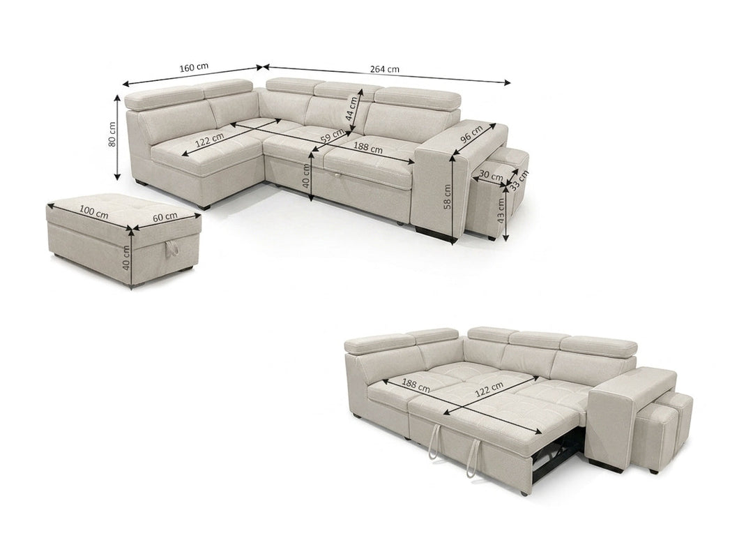 Sofa Cama Rinconera Teen + Puf con Arcon 264cm