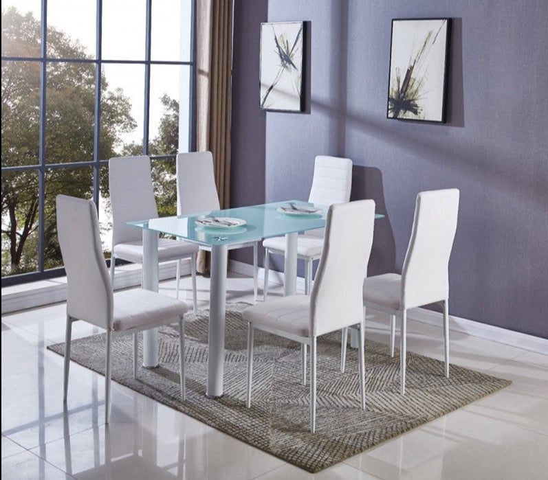Mesa de Cristal Templado 140x80cm + 6 Sillas Polipiel DT34.