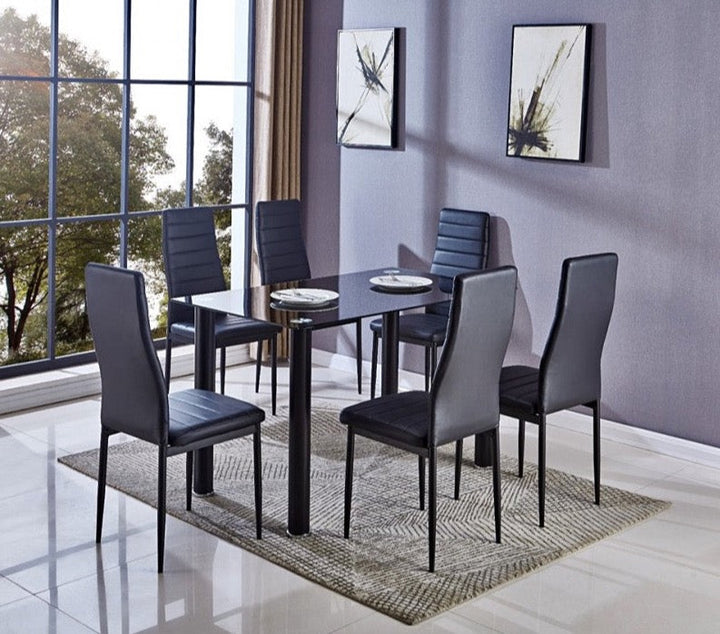 Mesa de Cristal Templado 140x80cm + 6 Sillas Polipiel DT34.