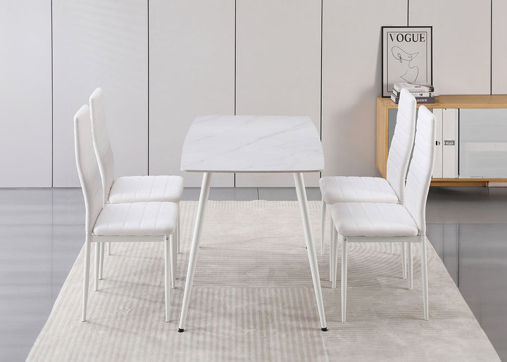 Conjunto de Mesa de Cristal Templado de 120 cm y 4 Sillas de Polipiel DT-63-4S.