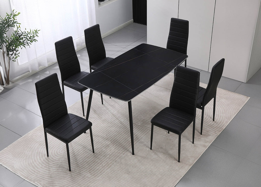 Conjunto de Mesa de Cristal Templado de 140 cm y 6 Sillas de Polipiel DT-63+6S.