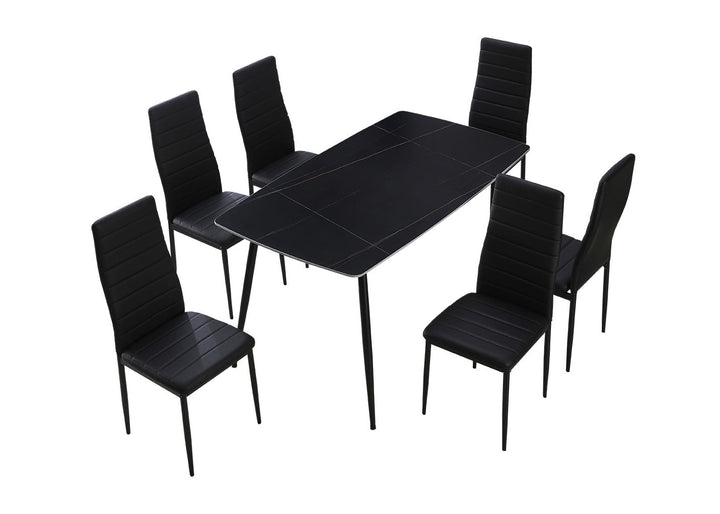 Conjunto de Mesa de Cristal Templado de 140 cm y 6 Sillas de Polipiel DT-63+6S.