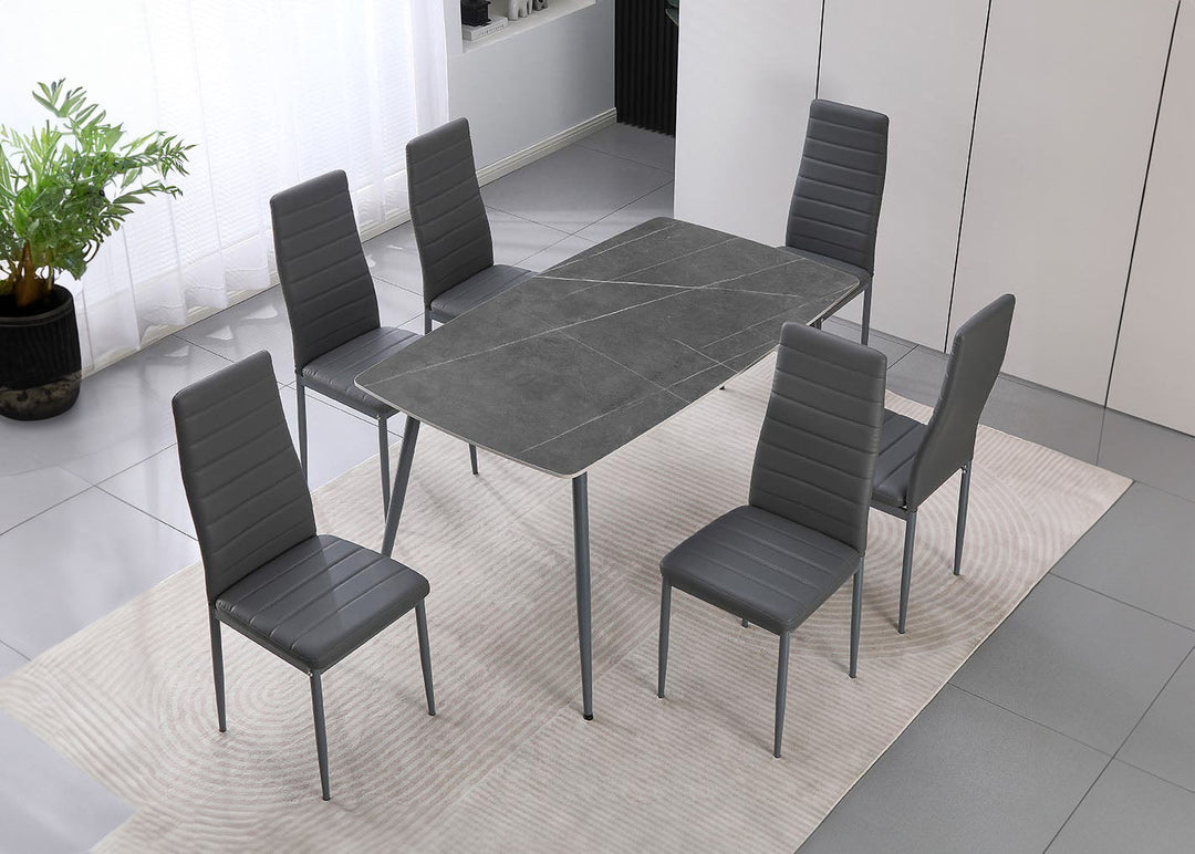 Conjunto de Mesa de Cristal Templado de 140 cm y 6 Sillas de Polipiel DT-63+6S.
