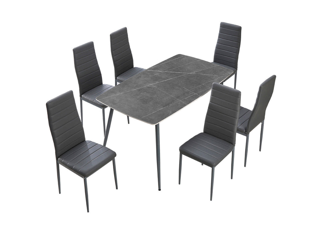 Conjunto de Mesa de Cristal Templado de 140 cm y 6 Sillas de Polipiel DT-63+6S.