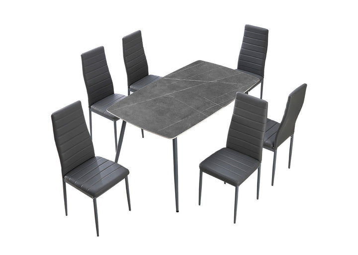 Conjunto de Mesa de Cristal Templado de 140 cm y 6 Sillas de Polipiel DT-63+6S.