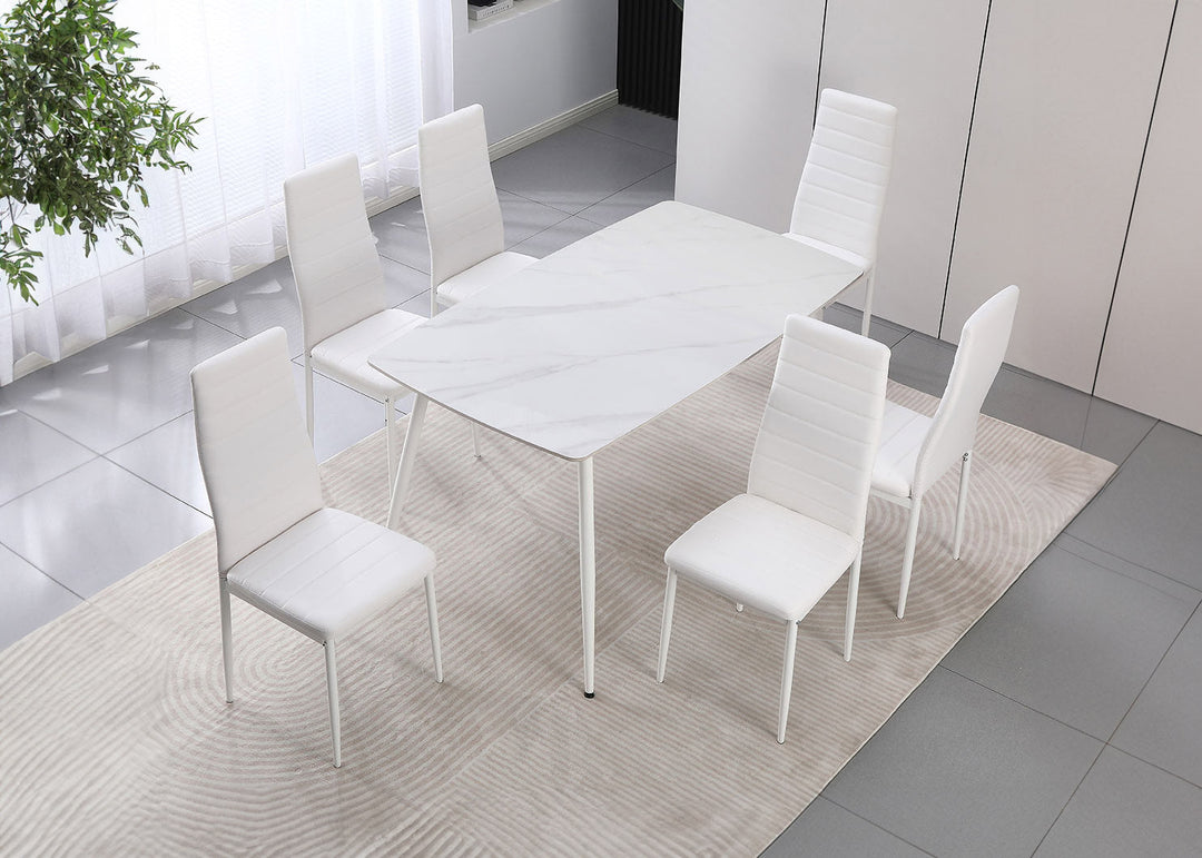 Conjunto de Mesa de Cristal Templado de 140 cm y 6 Sillas de Polipiel DT-63+6S.