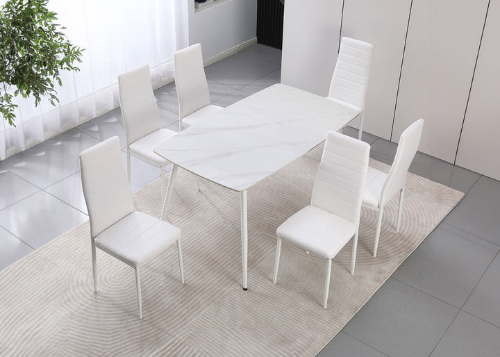 Conjunto de Mesa de Cristal Templado de 140 cm y 6 Sillas de Polipiel DT-63+6S.
