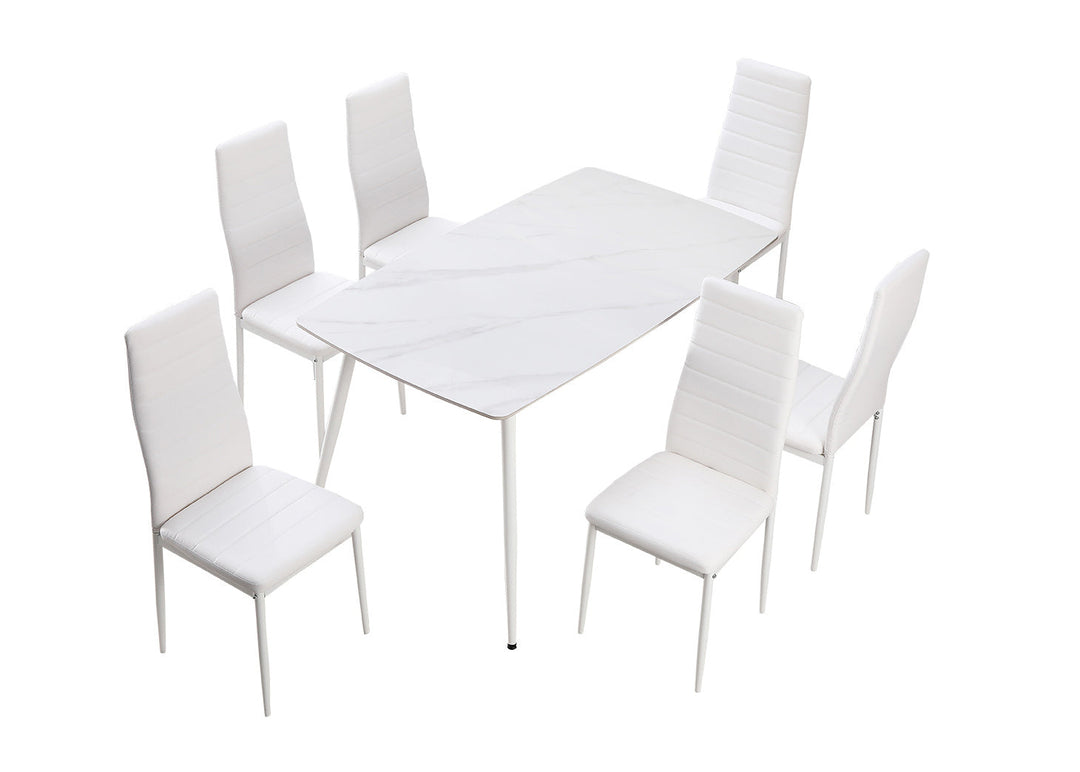 Conjunto de Mesa de Cristal Templado de 140 cm y 6 Sillas de Polipiel DT-63+6S.