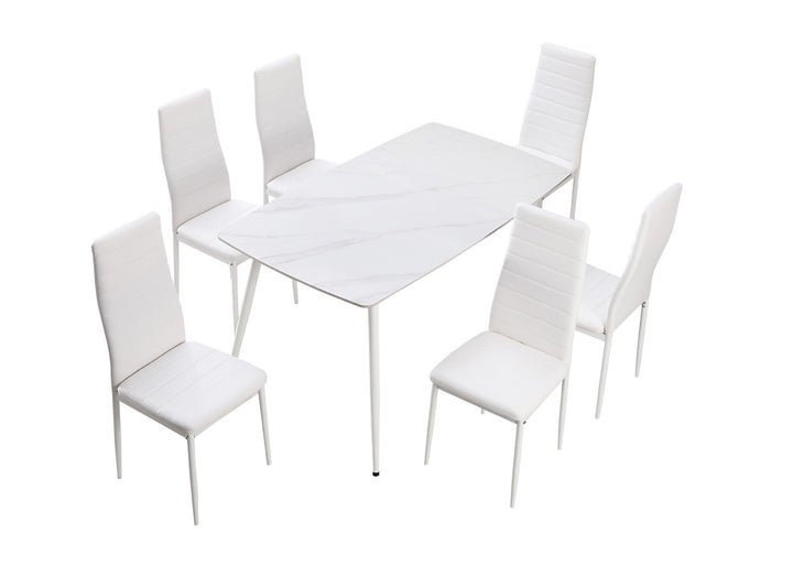 Conjunto de Mesa de Cristal Templado de 140 cm y 6 Sillas de Polipiel DT-63+6S.