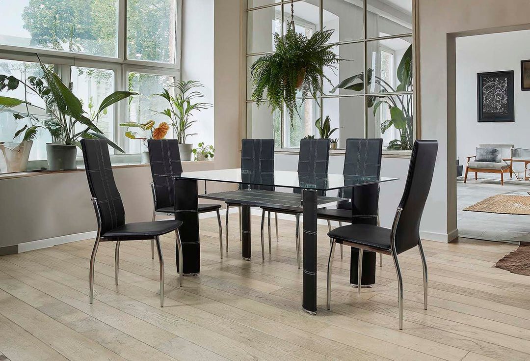 Mesa de Cristal Templado + 6 Sillas en Polipiel/Metal DT-17