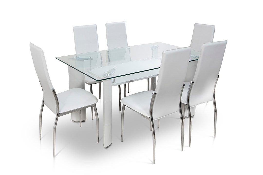 Mesa de Cristal Templado + 6 Sillas en Polipiel/Metal DT-17