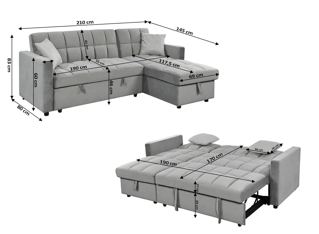 Sofá Cama Chaise Longue Kris 210cm Negro