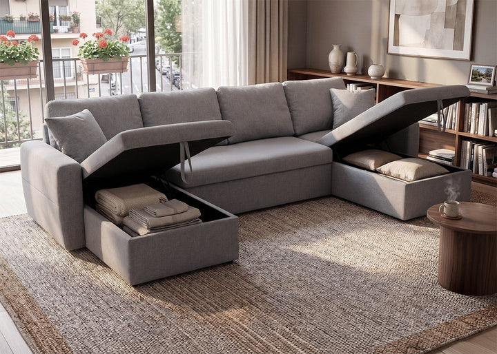 Sofá Doble Chaise Longue Nora, con Arcón 287cm
