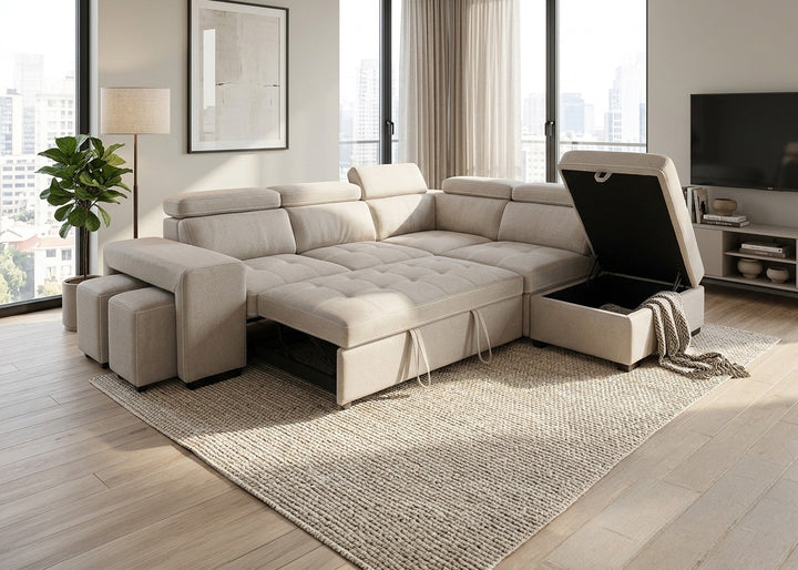 Sofa Cama Rinconera Teen + Puf con Arcon 264cm